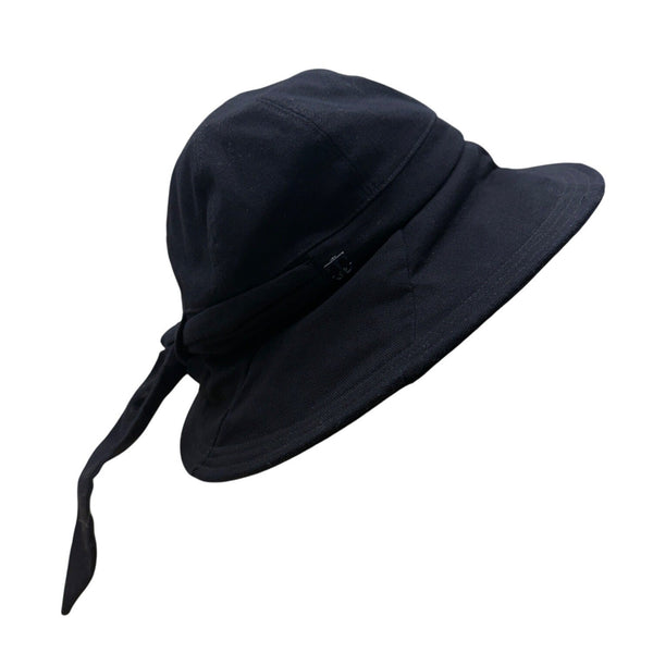 John Callanan Black Cotton Wide Brim Bucket Hat With Bow & Logo Detail For Women