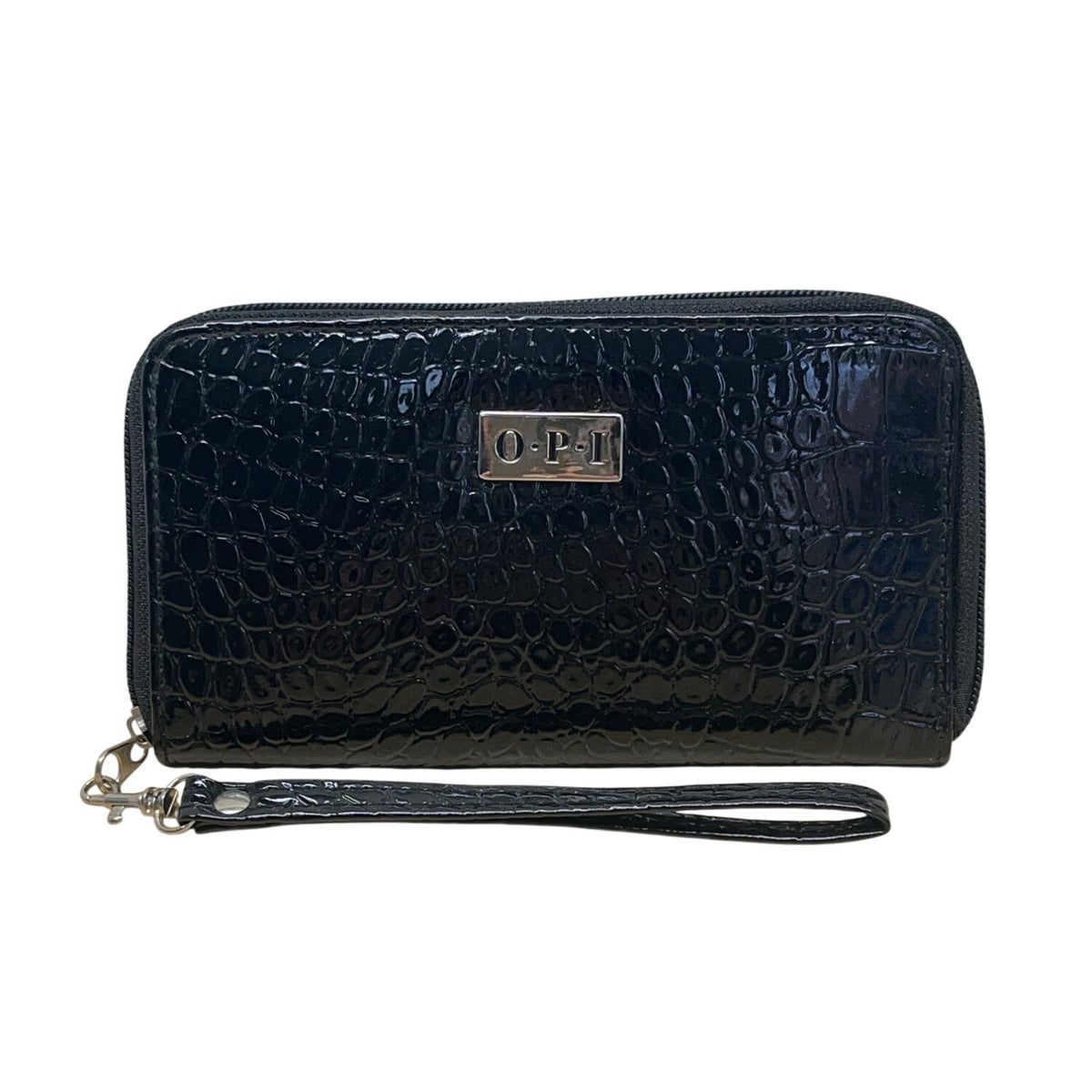 O.P.I Black Faux Croc Embossed Patented Leather Zip-Around Wristlet Clutch Sz M
