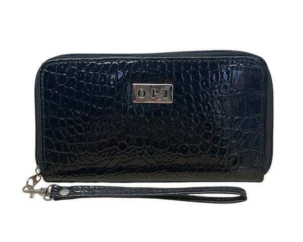 O.P.I Black Faux Croc Embossed Patented Leather Zip-Around Wristlet Clutch Sz M