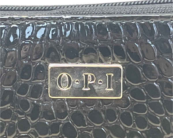 O.P.I Black Faux Croc Embossed Patented Leather Zip-Around Wristlet Clutch Sz M