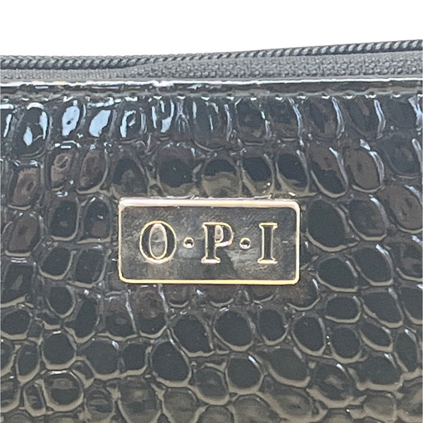 O.P.I Black Faux Croc Embossed Patented Leather Zip-Around Wristlet Clutch Sz M