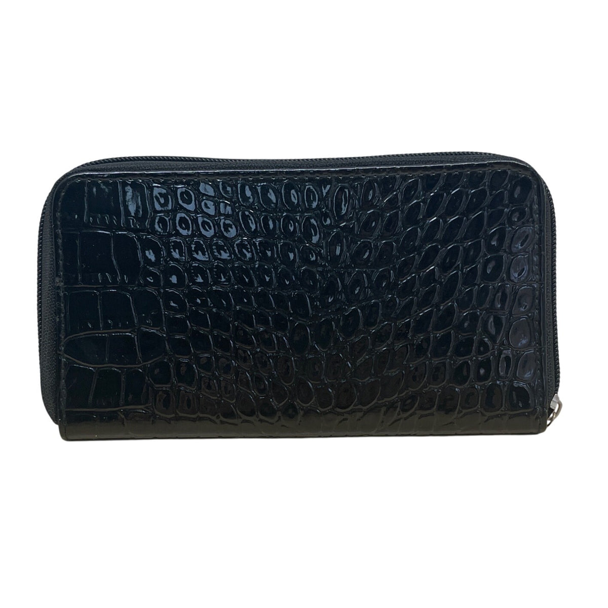 O.P.I Black Faux Croc Embossed Patented Leather Zip-Around Wristlet Clutch Sz M