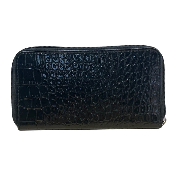 O.P.I Black Faux Croc Embossed Patented Leather Zip-Around Wristlet Clutch Sz M