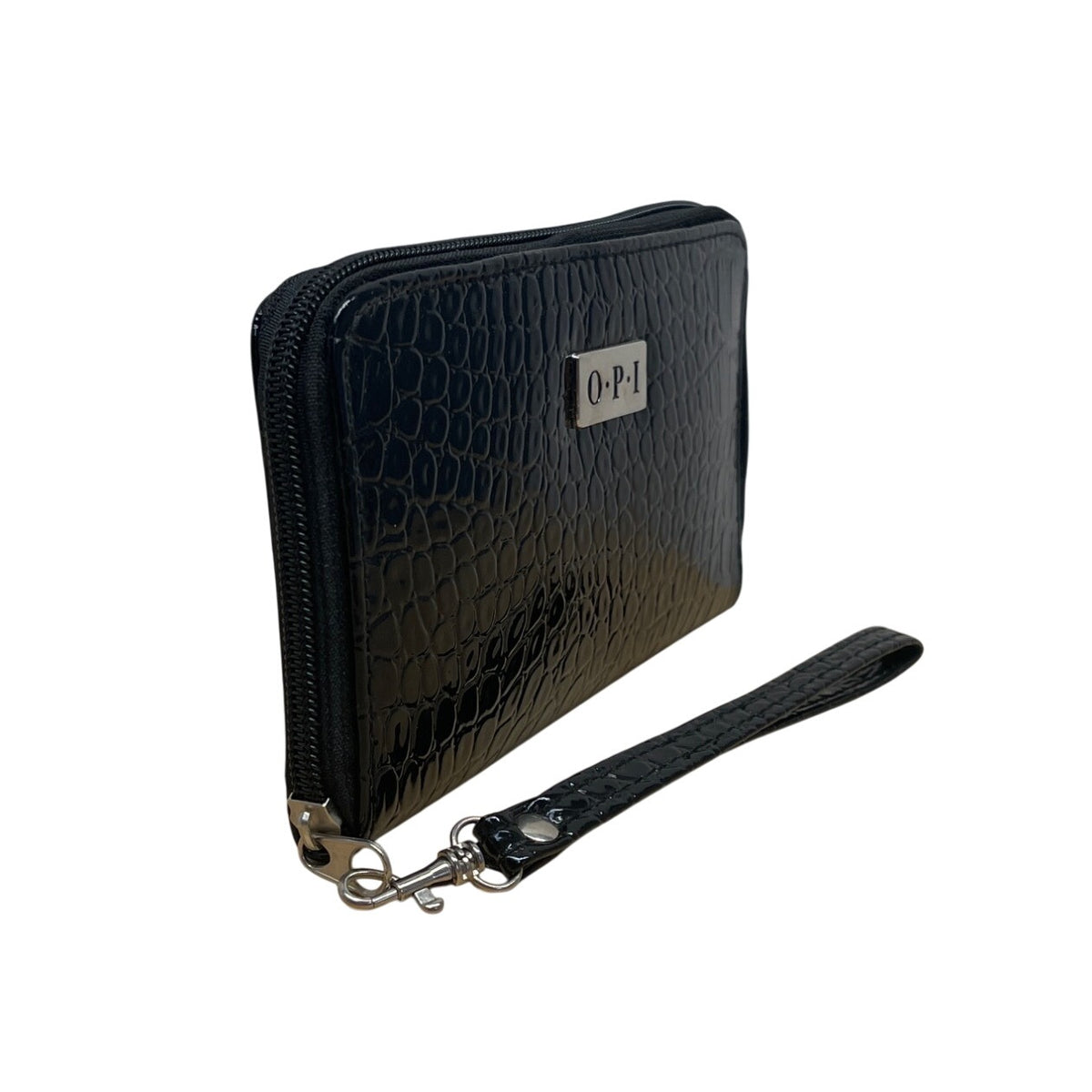 O.P.I Black Faux Croc Embossed Patented Leather Zip-Around Wristlet Clutch Sz M