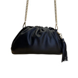 Understated Leather Women’s Black Leather With Tassel Detail & Gold Chain Clutch