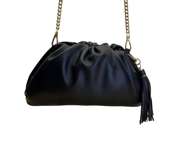 Understated Leather Women’s Black Leather With Tassel Detail & Gold Chain Clutch