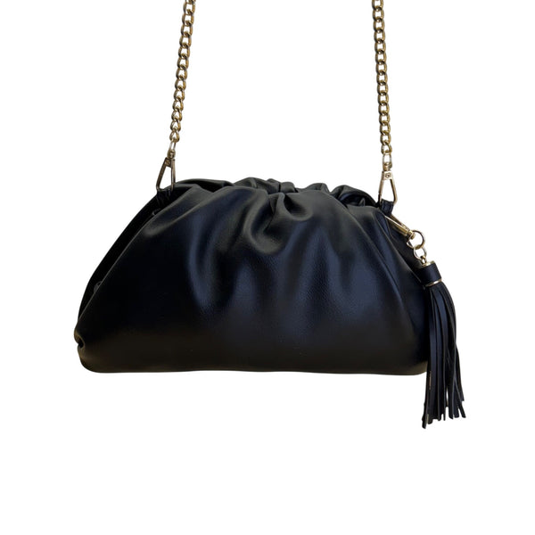 Understated Leather Women’s Black Leather With Tassel Detail & Gold Chain Clutch