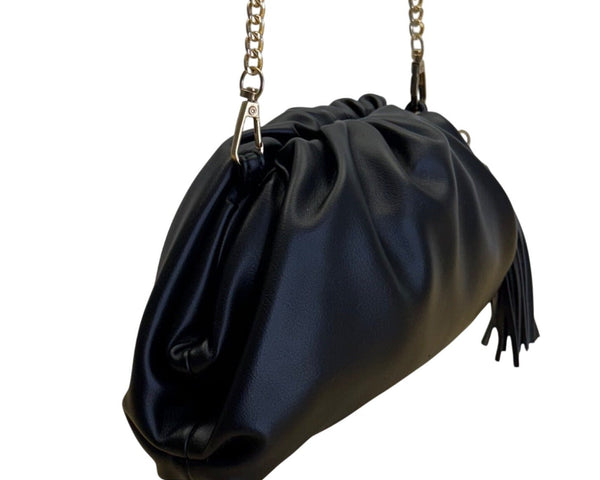 Understated Leather Women’s Black Leather With Tassel Detail & Gold Chain Clutch