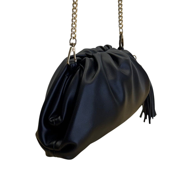 Understated Leather Women’s Black Leather With Tassel Detail & Gold Chain Clutch