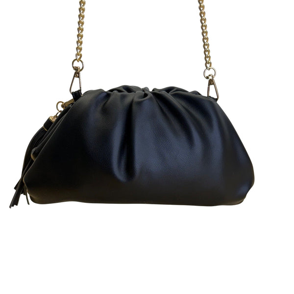 Understated Leather Women’s Black Leather With Tassel Detail & Gold Chain Clutch