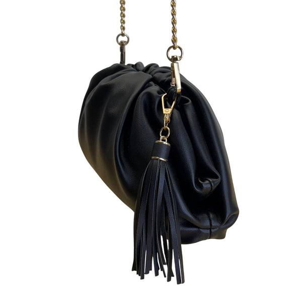 Understated Leather Women’s Black Leather With Tassel Detail & Gold Chain Clutch