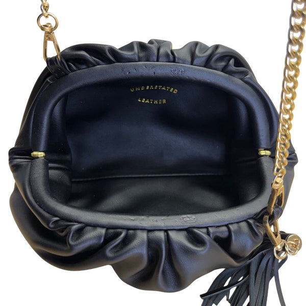 Understated Leather Women’s Black Leather With Tassel Detail & Gold Chain Clutch