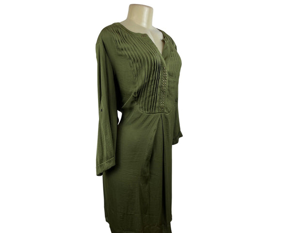 Ellos Womens Plus Size 2X Olive Green Pleated Tunic Dress With Studded Accents
