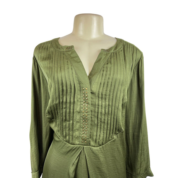 Ellos Womens Plus Size 2X Olive Green Pleated Tunic Dress With Studded Accents