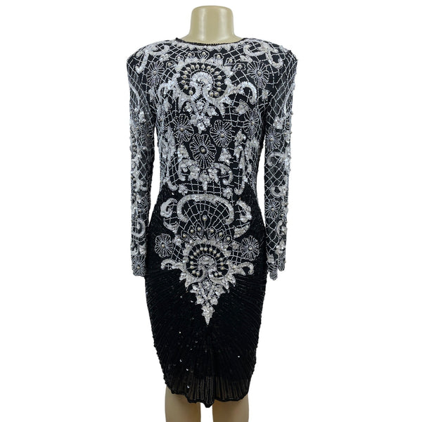 Vintage Sweet Lo Women’s Black and White Beaded Sequin Long Sleeve Dress Sz M New