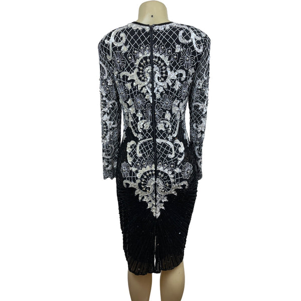 Vintage Sweet Lo Women’s Black and White Beaded Sequin Long Sleeve Dress Sz M New