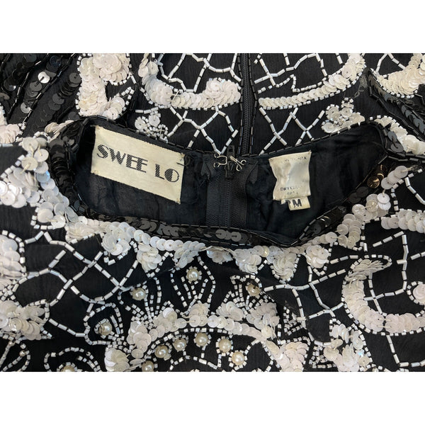 Vintage Sweet Lo Women’s Black and White Beaded Sequin Long Sleeve Dress Sz M New