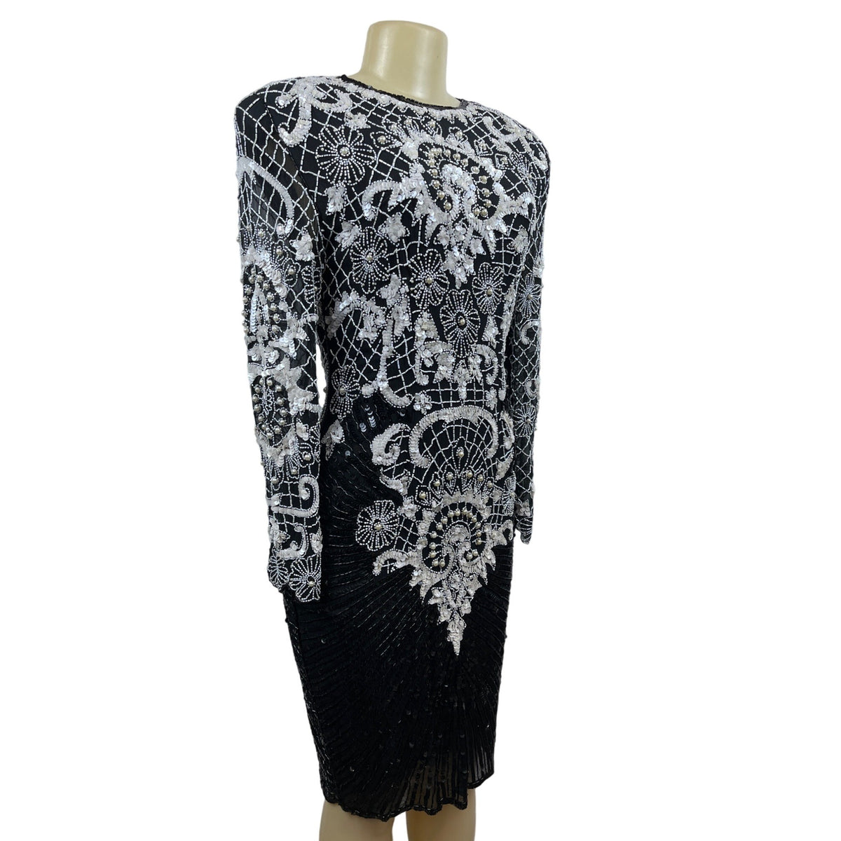 Vintage Sweet Lo Women’s Black and White Beaded Sequin Long Sleeve Dress Sz M New