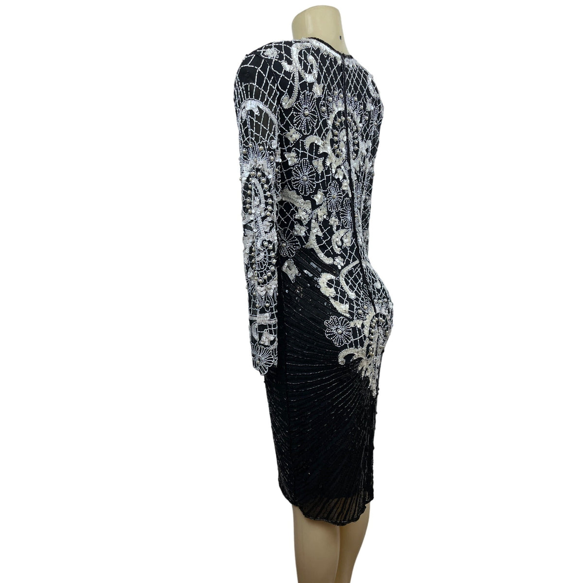 Vintage Sweet Lo Women’s Black and White Beaded Sequin Long Sleeve Dress Sz M New