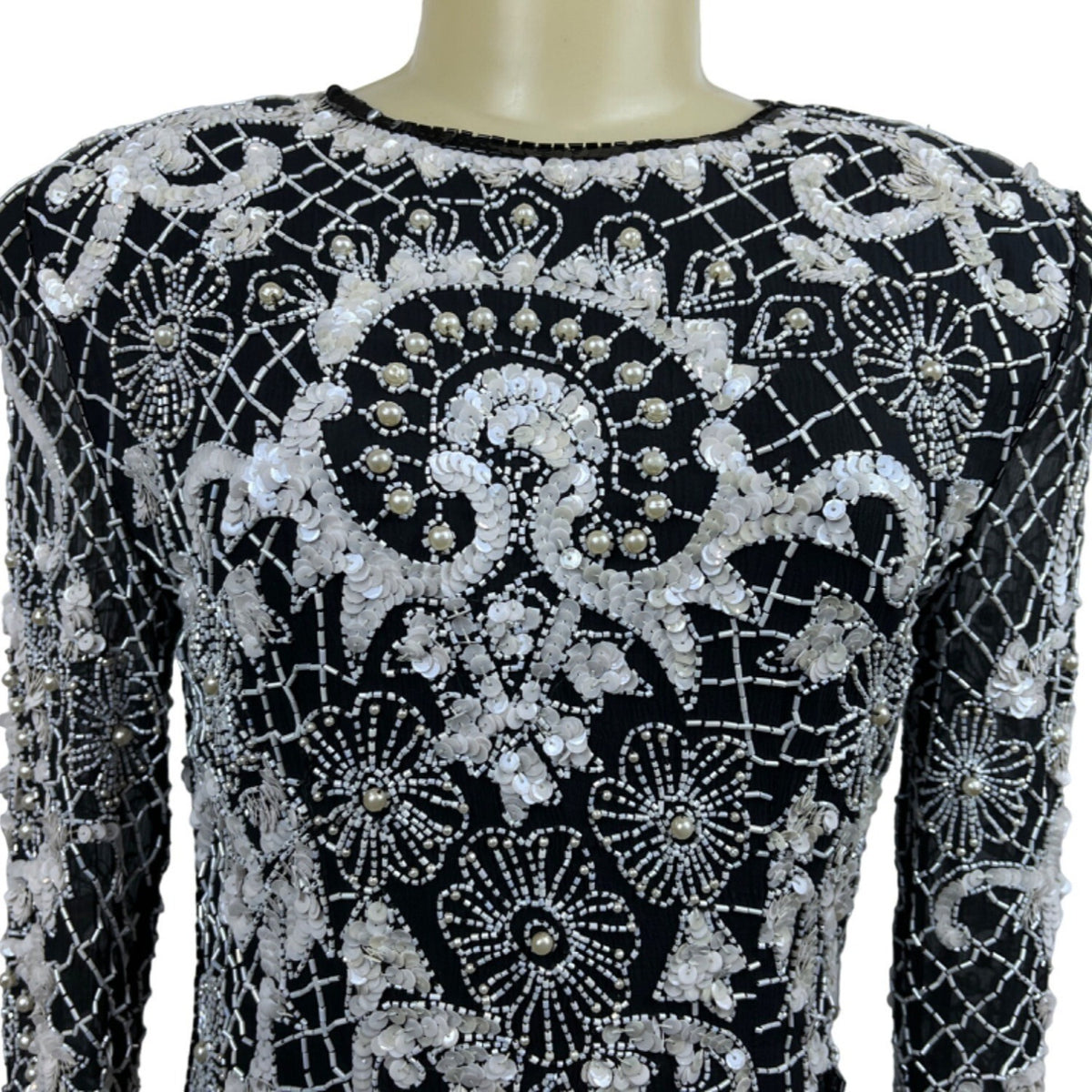 Vintage Sweet Lo Women’s Black and White Beaded Sequin Long Sleeve Dress Sz M New