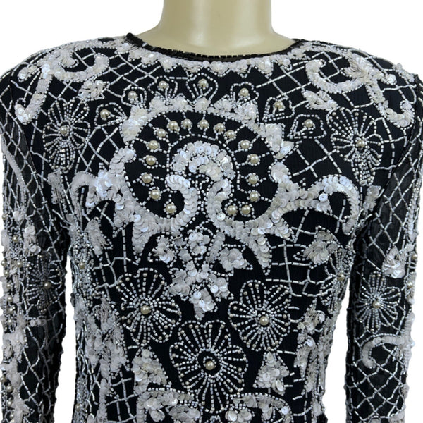 Vintage Sweet Lo Women’s Black and White Beaded Sequin Long Sleeve Dress Sz M New
