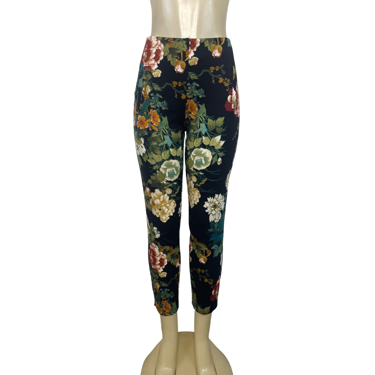 Chicos Floral Print Slim Ankle Pants Size 1 Black Multicolor Rayon Blend Womens