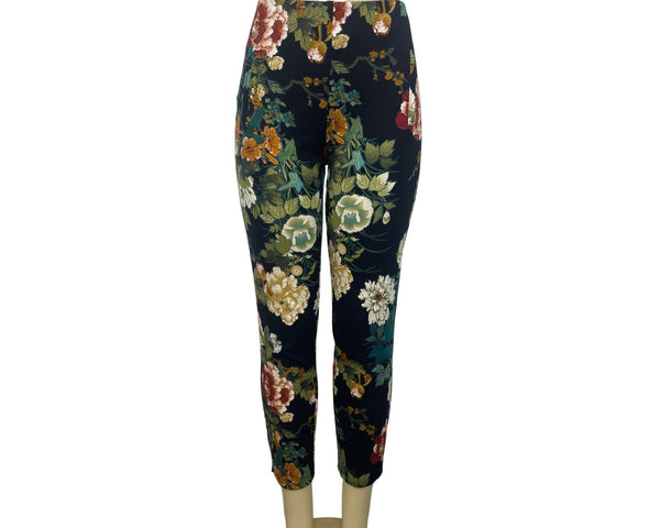 Chicos Floral Print Slim Ankle Pants Size 1 Black Multicolor Rayon Blend Womens