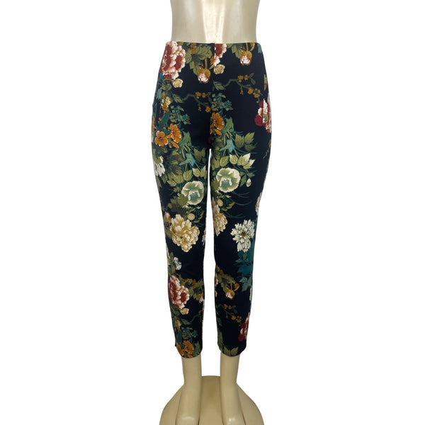 Chicos Floral Print Slim Ankle Pants Size 1 Black Multicolor Rayon Blend Womens