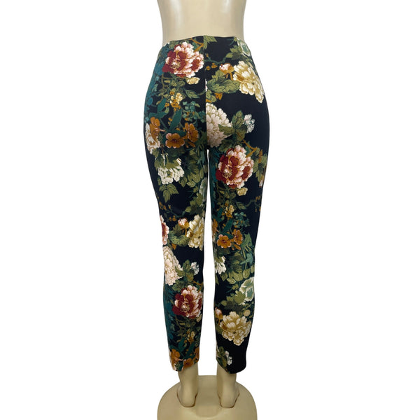 Chicos Floral Print Slim Ankle Pants Size 1 Black Multicolor Rayon Blend Womens