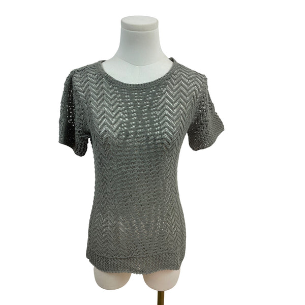 Chicos Open Knit Short Sleeve Sweater Top Gray Chevron Pattern Size 00