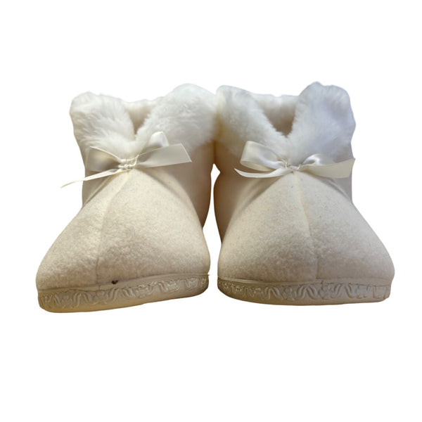 R.G Barry Corp. White Fuzzy Fur With Bow & Non-Slip Sole Ankle Bootie Slippers
