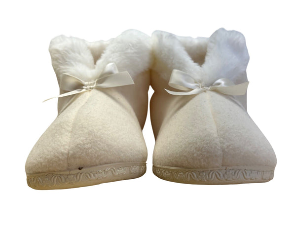 R.G Barry Corp. White Fuzzy Fur With Bow & Non-Slip Sole Ankle Bootie Slippers