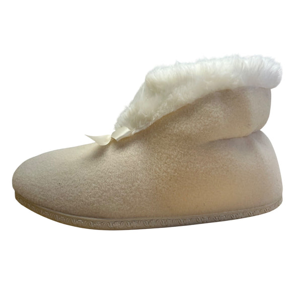 R.G Barry Corp. White Fuzzy Fur With Bow & Non-Slip Sole Ankle Bootie Slippers