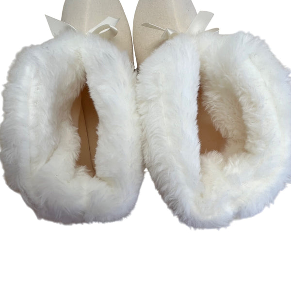 R.G Barry Corp. White Fuzzy Fur With Bow & Non-Slip Sole Ankle Bootie Slippers