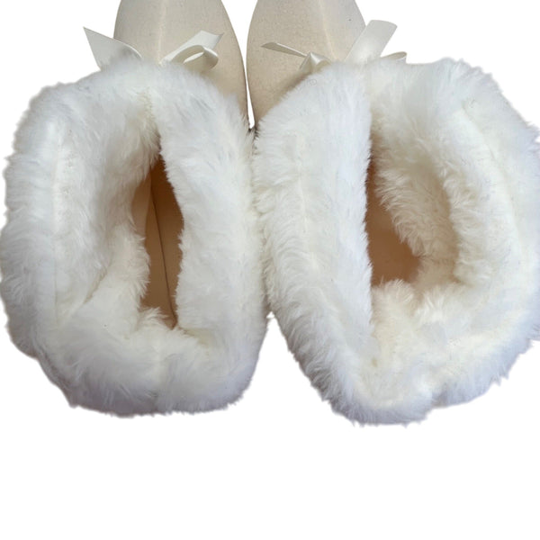 R.G Barry Corp. White Fuzzy Fur With Bow & Non-Slip Sole Ankle Bootie Slippers