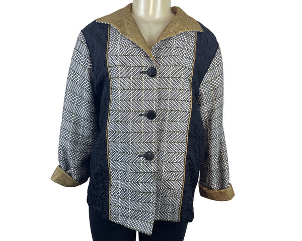 Barbara Perry Black & Gold Textured Jacket With Chevron Sleeves Size S