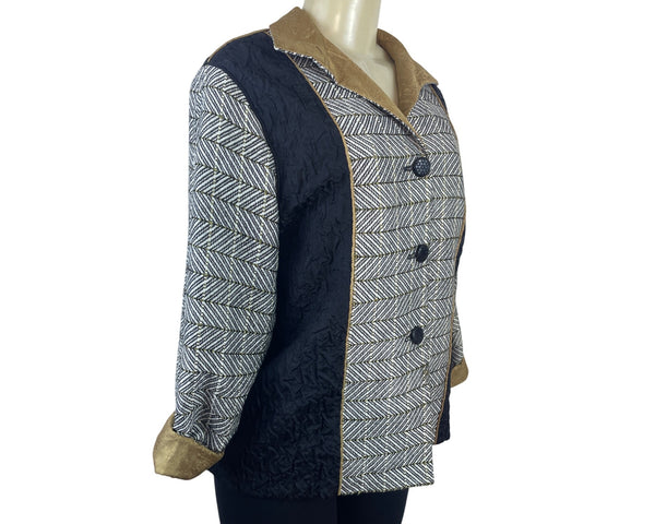 Barbara Perry Black & Gold Textured Jacket With Chevron Sleeves Size S