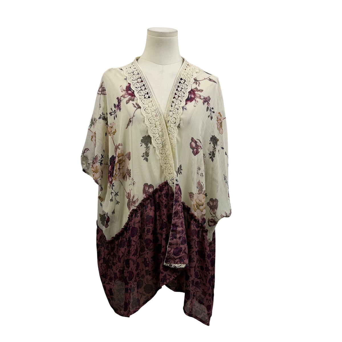 Jolt Womens Ivory & Purple Floral Kimono Cardigan With Lace Trim Polyester Sz L