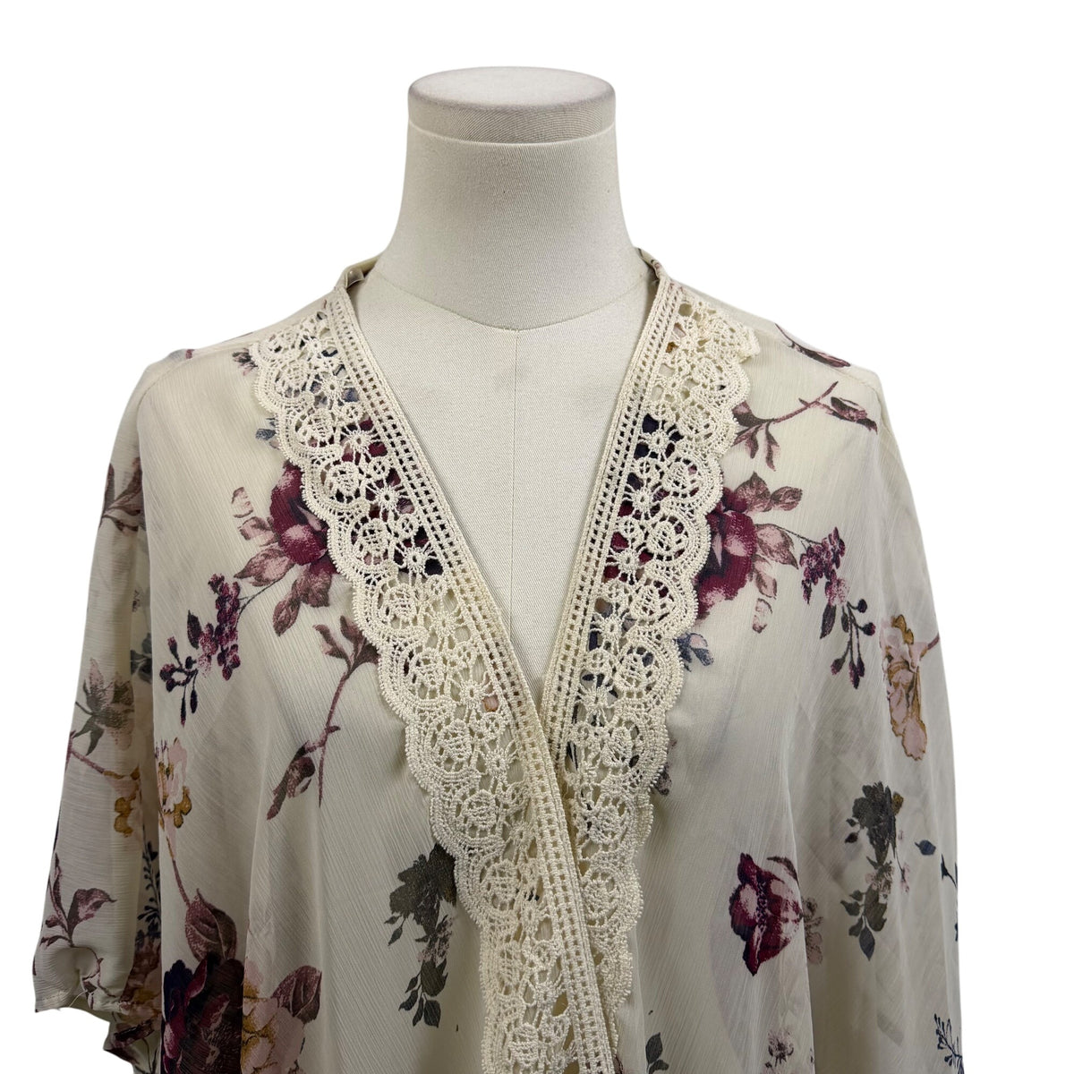 Jolt Womens Ivory & Purple Floral Kimono Cardigan With Lace Trim Polyester Sz L