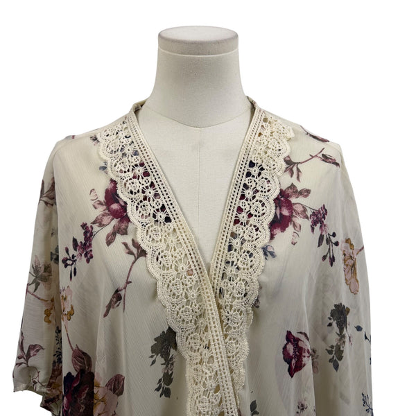 Jolt Womens Ivory & Purple Floral Kimono Cardigan With Lace Trim Polyester Sz L