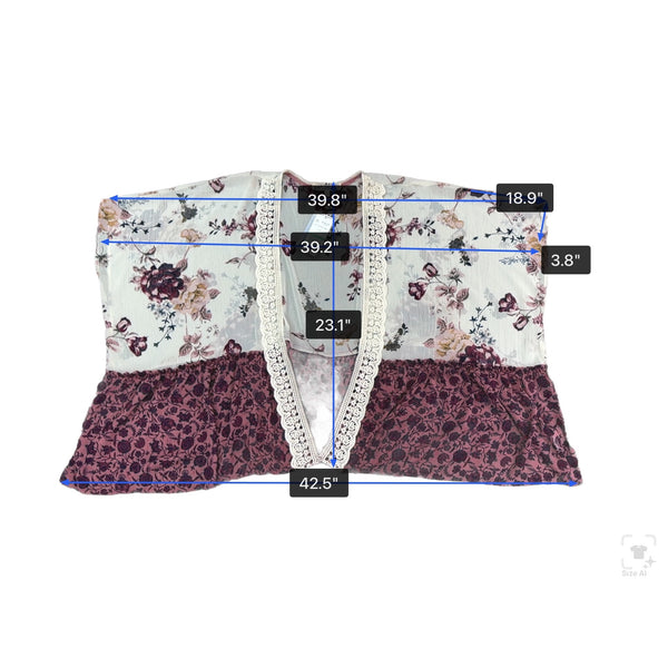 Jolt Womens Ivory & Purple Floral Kimono Cardigan With Lace Trim Polyester Sz L