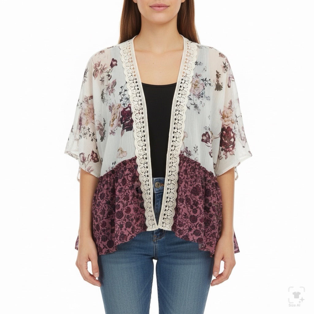 Jolt Womens Ivory & Purple Floral Kimono Cardigan With Lace Trim Polyester Sz L