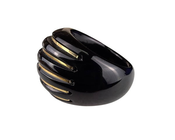 14K Milor Italy Black Enamel Resin Ring With Gold Accents Size 7 Vintage Italian