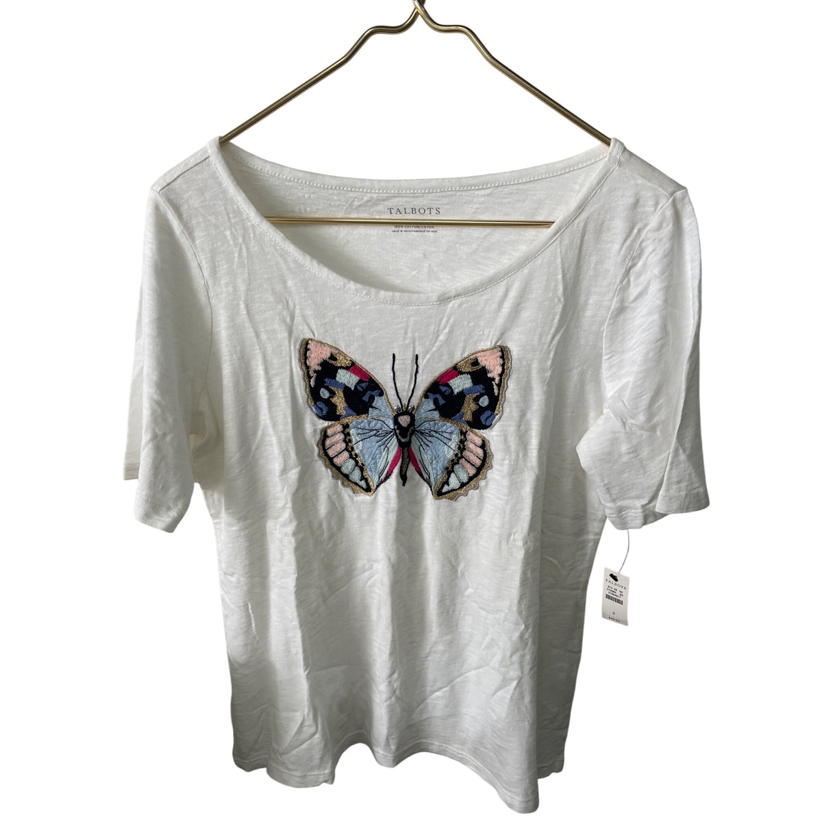 Talbots Womens White Embroidered Butterfly T-Shirt Size S NWT