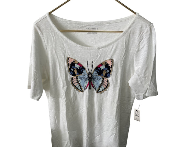 Talbots Womens White Embroidered Butterfly T-Shirt Size S NWT