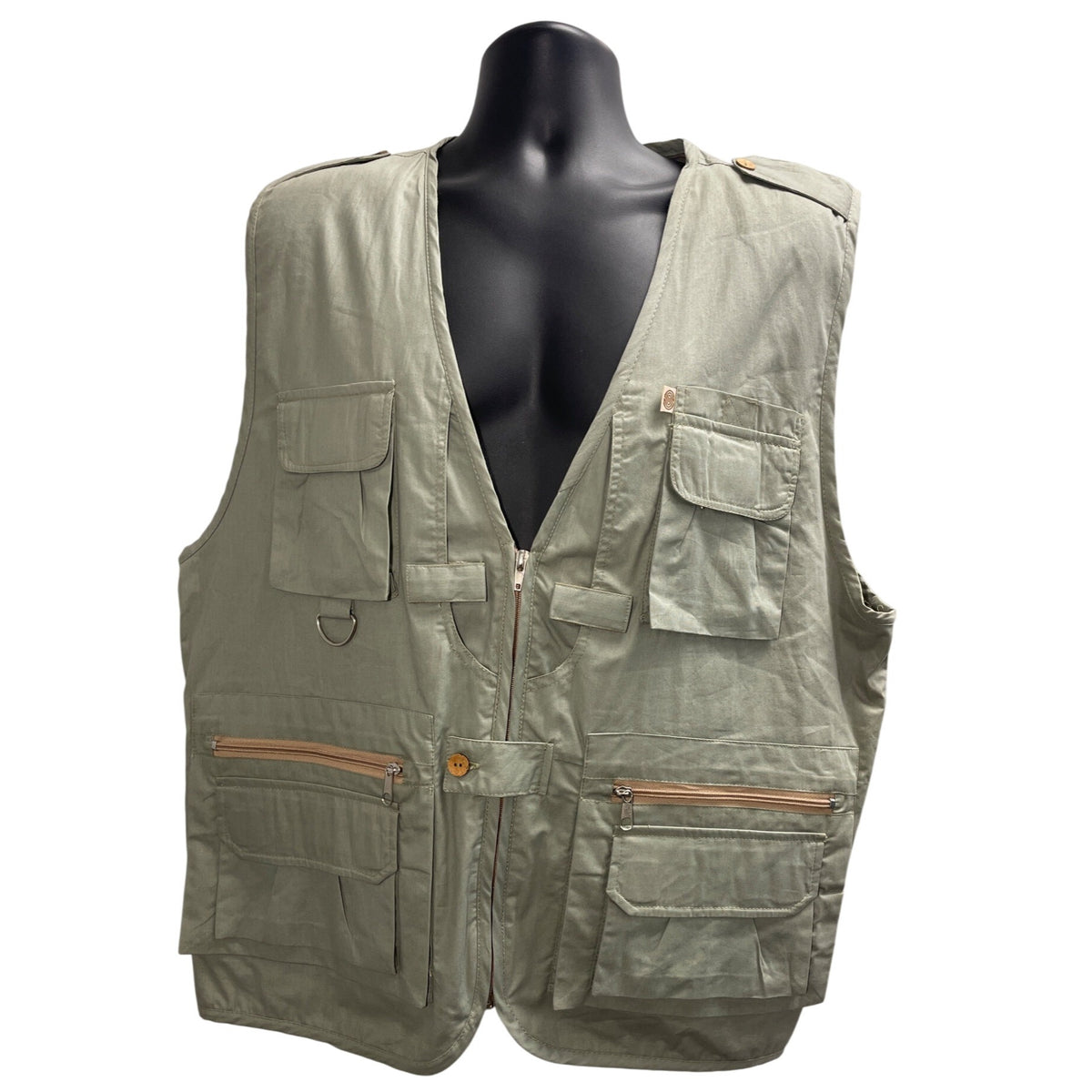 Mens Olive Green Outdoor Utility Vest With Pockets & Zipper Closure Size L