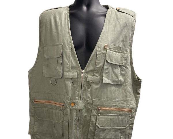 Mens Olive Green Outdoor Utility Vest With Pockets & Zipper Closure Size L