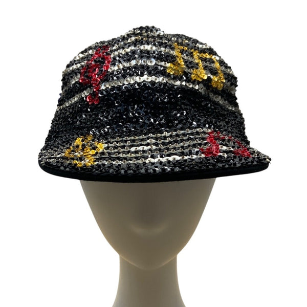 Vintage Handmade Sequin Music Note Cap Black and Multicolor One Size