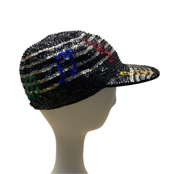 Vintage Handmade Sequin Music Note Cap Black and Multicolor One Size