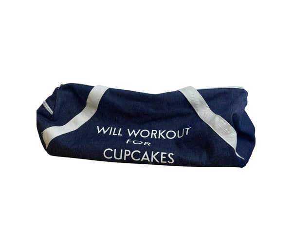 Canvas Womens Navy/White Zip Closure Knit Strap Duffel Bag "Will Workout For Cupcakes"
